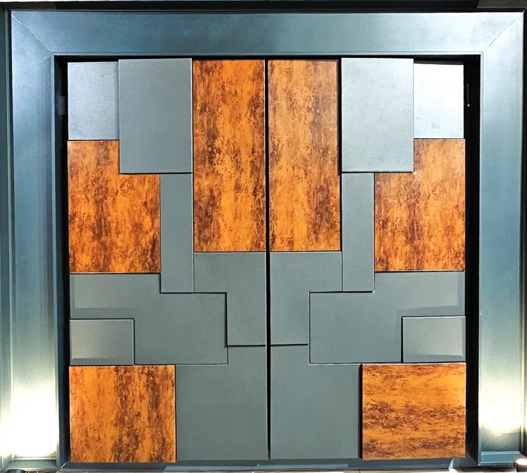 Corten and grey solid sheet motorised gate