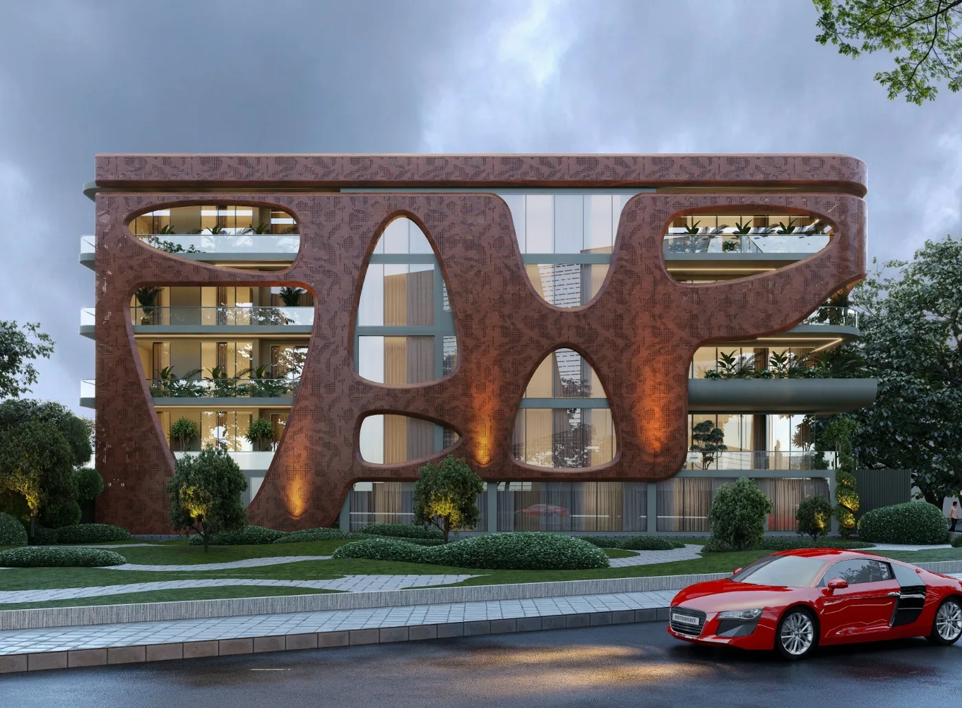 Parametric corten façade wrapping a residential building